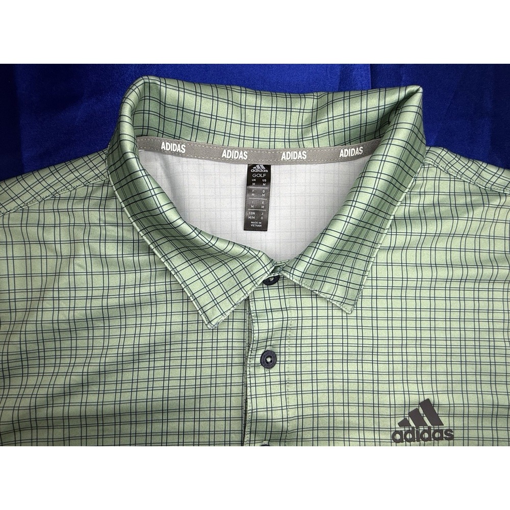 Adidas Golf Polo Men's Medium Green Check Performance Stretch Short Sleeve Shirt